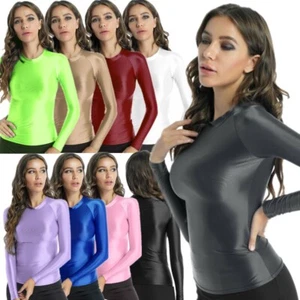 Women Glossy Long Sleeve T-shirt Ladies Slim Fit Breathable Top Solid Yoga AU - Picture 1 of 90