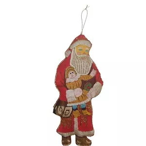 Vintage Santa Claus Oriental Silk Embroidered Fabric Christmas Ornament 6.25" - Picture 1 of 10