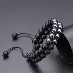Natural Stone Bracelet Mens 8mm Matte Black Onyx Hematite Double Layer Bracelets - Picture 1 of 4