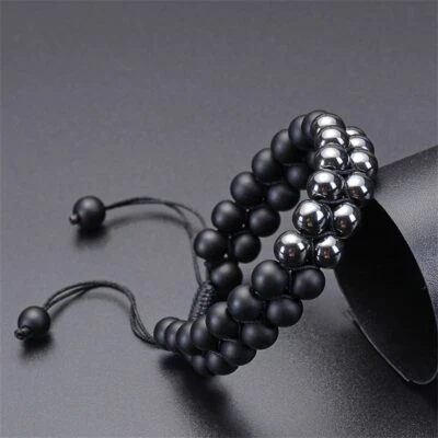 Pulsera de piedra natural para hombre 8 mm negro mate ónix hematita pulseras de doble capa Foto 1 de 4
