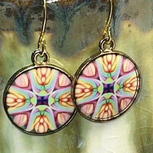 Gold Tone Round Mosaic Tulip Mandela Charms Dangle Earrings. S130 - Picture 1 of 3