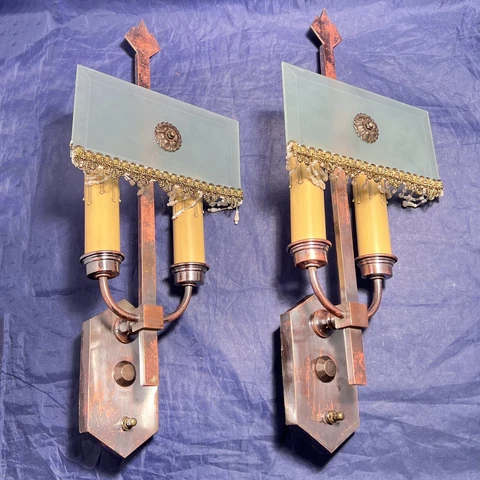 Pair RARE antique mission double candle wall sconces  beveled glass shades 85B Cover