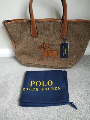 Polo Ralph Lauren Brown Herringbone And Leather Med Bellport Tote bag Bnwt . 👜 - Image 1 of 4