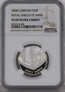 2008 NGC Graded PF69 Silver Proof 50p coin Royal Shield Design - Picture 1 of 2