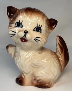 Vintage Anthropomorphic Ceramic Cat Kitten Figurine Big Eyes 3.75” Brown Cream - Picture 1 of 15