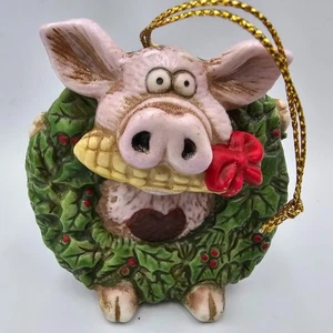 Roman Inc Pig Christmas Ornament – Funny Pig in Holiday Wreath with Corn & Bow - Picture 1 of 5
