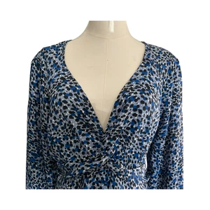Express Women's Medium Blue Black Blouse Abstract Print Long Sleeve V-Neck - Picture 1 of 8