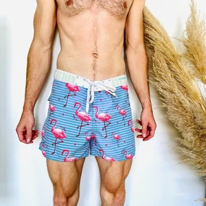 HERREN 69 SLAM blau weiß gestreift Flamingo Print Badeanzug Badehose Shorts 34 L - Bild 1 von 9