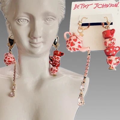 Betsey Johnson Strawberry Motif Tea Cups & Pot Flowing Crystal Detail Earrings - Image 1 of 3