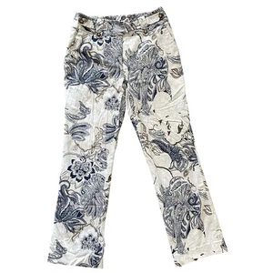 ETCETERA Womens Floral Straight Leg Blue Ivory Cotton Blend Pants - Size 10 - Picture 1 of 11