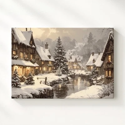 Pueblo de Navidad encantado lienzo acogedor nevado invierno ciudad arte arte pared Foto 1 de 4