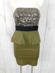 Alice + Olivia Olive Green Black Silver Sequin Silk Peplum Strapless Dress - 2 - Picture 1 of 4