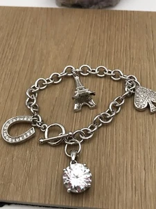 Women's Silver Tone Charm Bracelet With Crystal Heart Fashion - Picture 1 of 8