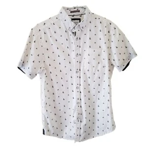Cactus Man Men's White Ship Print Short Sleeve Button Down Shirt with Pocket - Picture 1 of 5