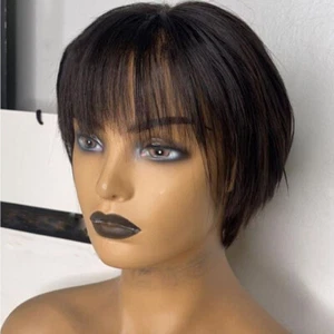 Pixie Cut Bob Brazilian Human Hair Wigs With Bangs Full Machine Made Scalp Top - Picture 1 of 9