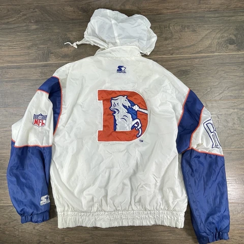 VTG 90s Starter Denver Broncos NFL White Hooded Windbreaker Jacket Medium-READ Cover