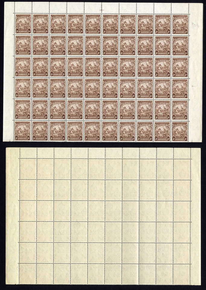 Barbados SG252a 3d Marrón Perf 13.5 x 13 inc Línea Vertical sobre Cabeza de Caballo U/M Foto 1 de 1
