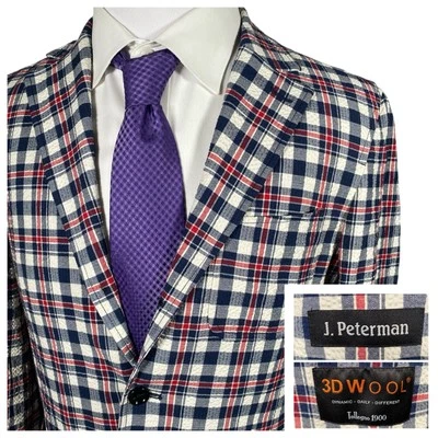 Abrigo deportivo J Peterman 38 Tollegno 1900 3D lana Seersucker cirujano puños cuadros Foto 1 de 4