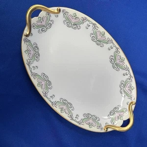 GDA Limoges Art Nouveau Gold Handled Oval Plate Pink Green Design - Signed - Picture 1 of 10