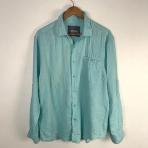 Bruno Men's Large Long Sleeve 100% Linen Aqua Button Front Shirt Resort Vacation - Picture 1 of 7