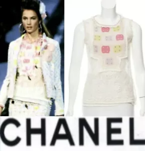 Chanel 2004 Vintage Crochet White Top 36 38 40 4 6 8 Shirt Blouse CC Logo Vtg M - Picture 1 of 23