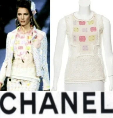 Chanel винтажный 2004 белый крючком Топ 36 38 40 4 6 8 рубашка бак CC логотип винтажный S M - Изображение 1 из 4