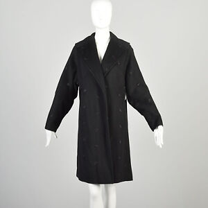 L-XL 1950s Black Wool Coat Swing Open Front Tie Back Glamorous Pin Up Winter