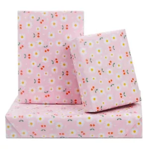 White and Yellow Daisy Floral With Red Cherries On Pink Gift Wrapping Paper 6... - Picture 1 of 7