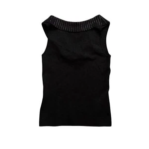 1990s Vintage Caché Black Metallic Beaded Draped Knitwear Tank Top Size Medium - Bild 1 von 4