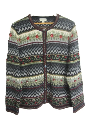 Appleseeds Womens Large Black Ivory Red Embroidered Floral Ramie Silk Cardigan - Image 1 of 4