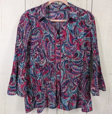Top Laura Scott Talla XL Sarga Multicolor Cuello Paisley Manga 3/4 Abotonada Foto 1 de 4