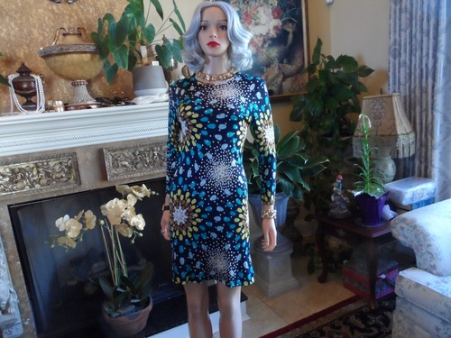 Abito in guaina Tory Burch 100% seta blu chiaro stampa multicolore taglia S