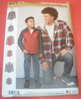 Simplicity 8475 Boys, Men Flannel Shirt Hoodie Jacket Pattern S-L, S-XL Uncut - Image 1 of 2
