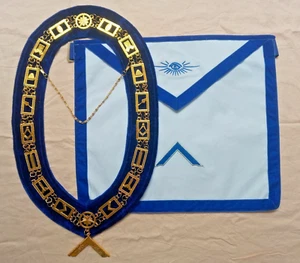 DELANTAL OFICIAL LOGIA AZUL MASÓNICO - MAESTRO ADORADOR Cuello dorado con guantes - Imagen 1 de 9