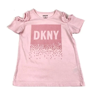 DKNY Pink Glitter Logo Cold Shoulder Ruffle Short Sleeved Shirt Girls Size 6X - Image 1 of 4