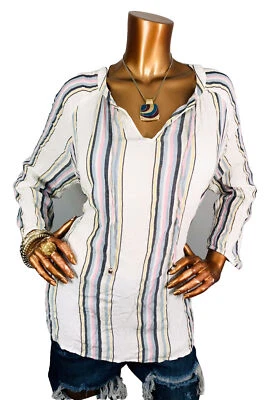 Chico’s 3 或 XL 上衣条纹柔软打褶金色闪亮锁眼结领带衬衫 3/4 — 第 1/4 张图片