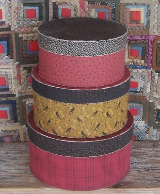 Rustic Primitive Fabric Covered Round Storage Boxes (set/3), Crows & Calico AAFA - Image 1 of 4