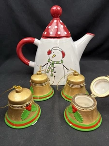Snowman CeramicTea Pot, 4 Gift box 2in Ornaments LOT Christmas - Picture 1 of 12