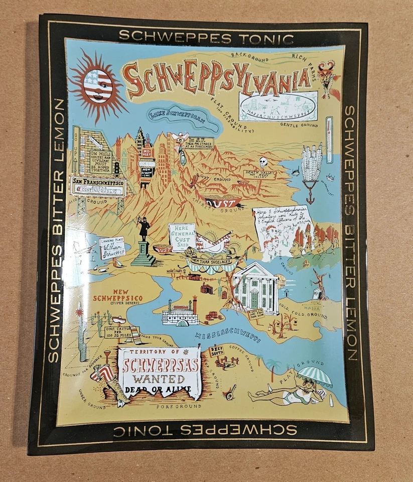 Vintage Schweppsylvania Schweppes Advertising Glass Tray Map Barware Recipes - Image 1 of 4