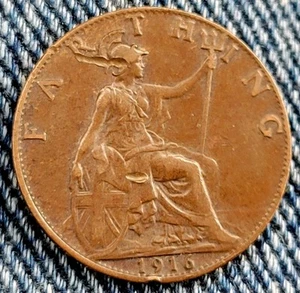 GREAT BRITAIN 1916 KING GEORGE V BRONZE ONE FARTHING COIN (KM# 808.1) - Picture 1 of 2