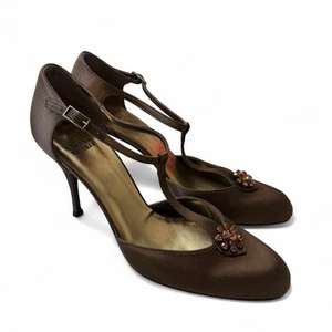 Stuart Weitzman Brown Satin Swarovski Crystal Embellished T-Strap Heels size 9.5 - Picture 1 of 9