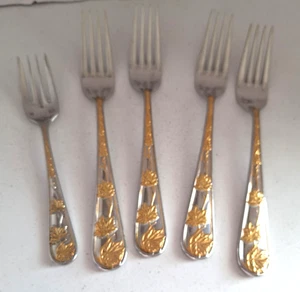 Retroneu Tuileries-Leaf Garden 4-Dinner Forks 1 Salad Disc Stainless Gold Korea - Picture 1 of 6