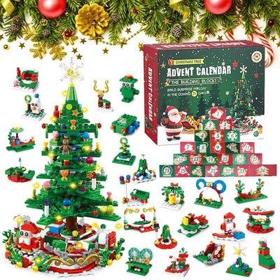 Advent Calendar Christmas Tree Building Blocks with LED Lights 24-Day Countdown - Image 1 of 4