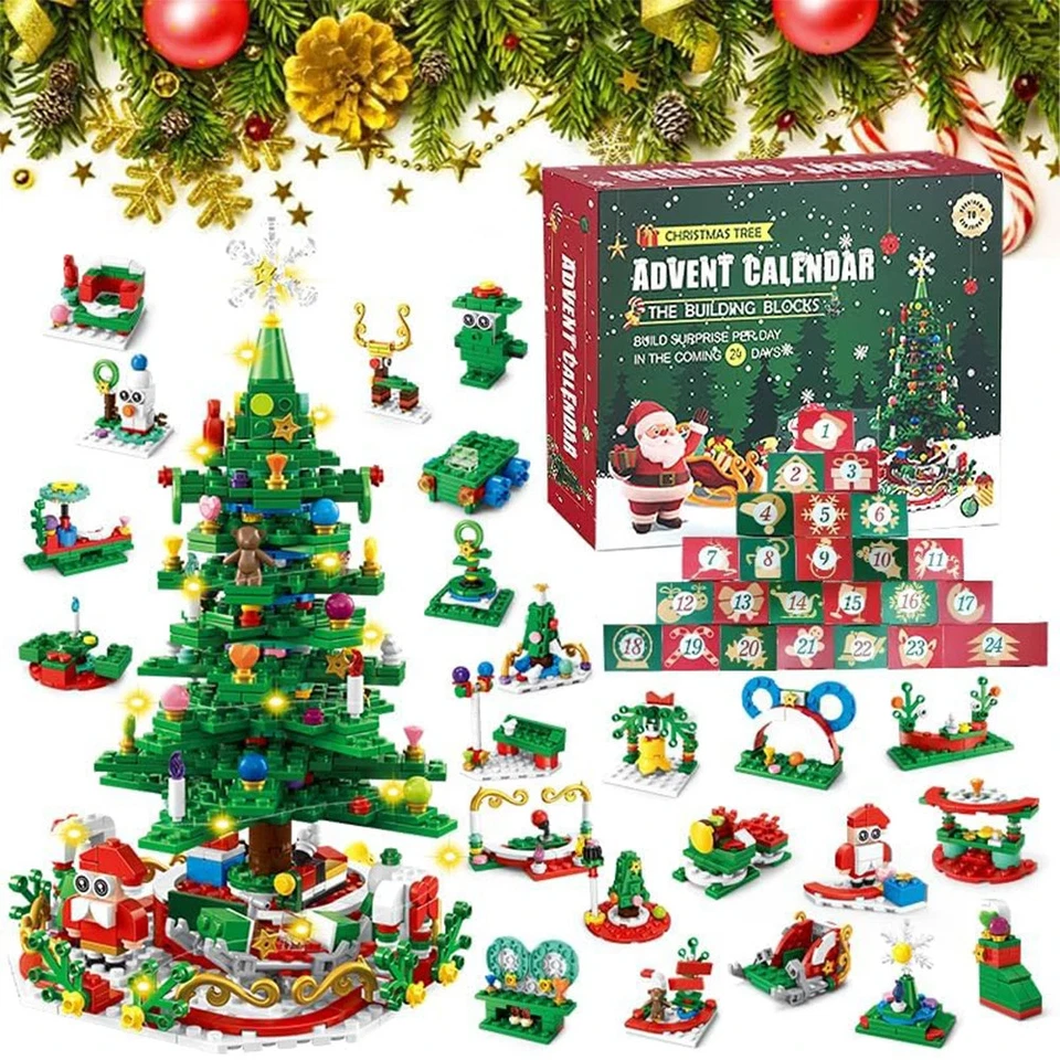 Advent Calendar Christmas Tree Building Blocks with LED Lights 24-Day Countdown - Image 1 of 4