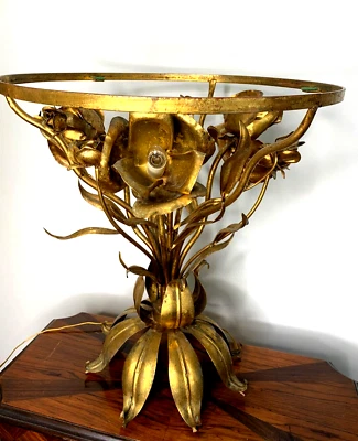 Vintage Gold Gilt Floral Mid Century Modern Lighted Side Table Hollywood Regency - Image 1 of 4