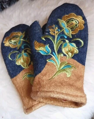 Fäustlinge Damen Handschuhe Filz Stickerei Samt Wendehandschuh Winter Wolle bunt - Bild 1 von 4