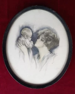 HARROSON FISHER Bild Lithographie Druck Antik Vintage 1915 Mutter Baby Liebe - Bild 1 von 6
