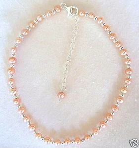 Pink Cultured Freshwater Pearl & Sterling Silver 10"-12" Ankle Bracelet - Picture 1 of 2