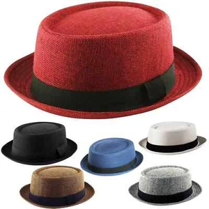Mens Pork Pie Hat Classic Textured Ribbed Band Porkpie Hat Men Trilby Hats - Picture 1 of 7