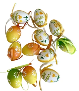 Ostereier 12er Set ~ 1,5" dekorierte Kunststoff Ornamente mit Band orange grün - Bild 1 von 4